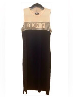 DKNY Navy and White Sleeveless Logo Maxi Dress size medium